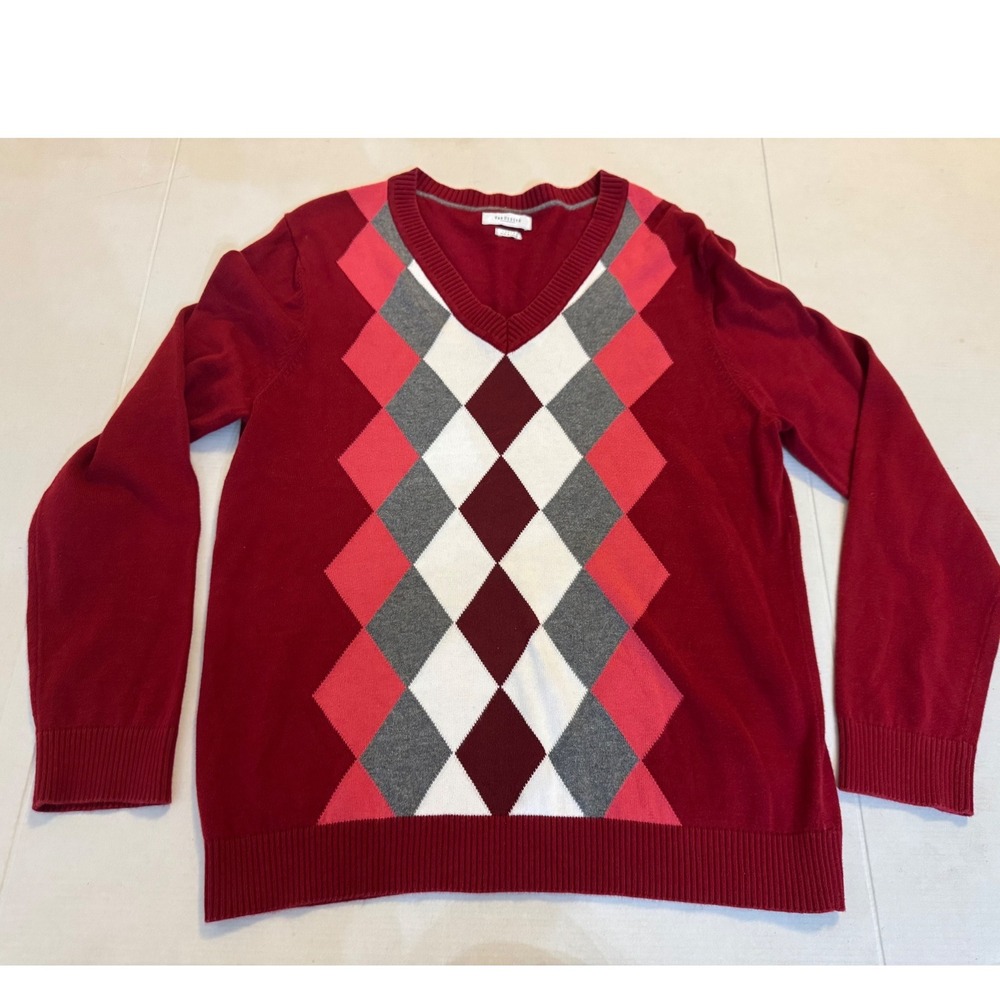 Van Heusen Red Argyle V-Neck Sweater 100% Cotton Long Sleeve Pullover Large